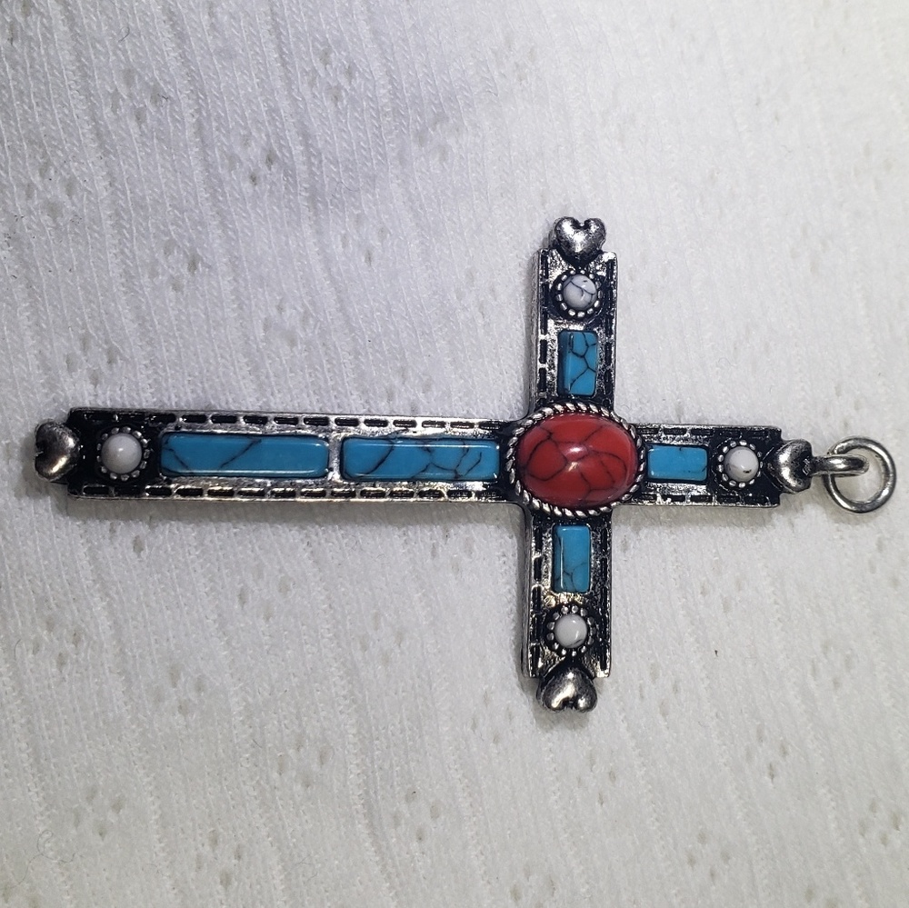Turquoise silver and red stone cross pendant
